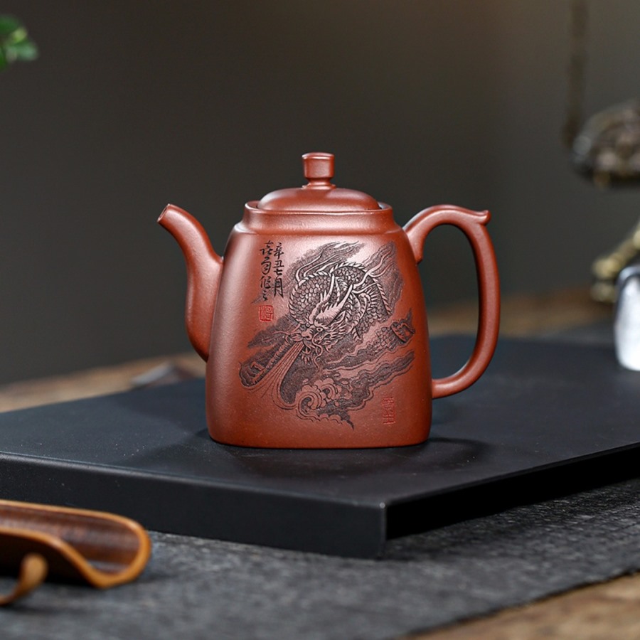 Ấm Tử Sa Đất Cũ Đáy Tào Thanh Tứ Phương Hoạ rồng 330ml ATS611