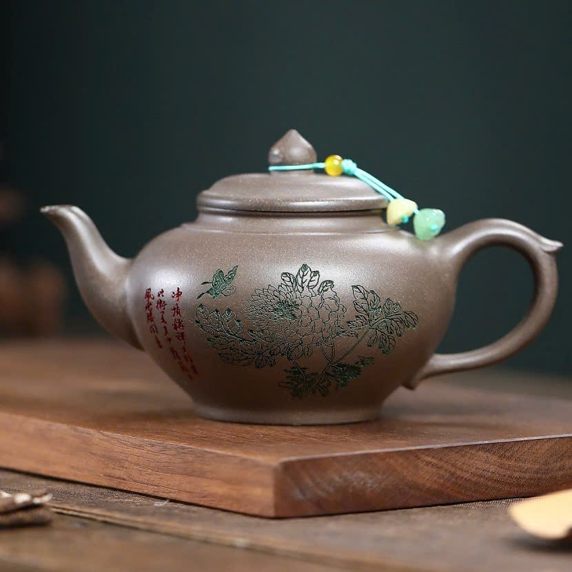 Ấm Tử Sa Tiêu Anh Lão Đoàn Nê Hoạ Cúc Vạn Thọ 300ml ATSM58