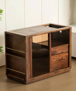 Bàn Trà Di Động Màu Gỗ Óc Chó Cửa Tủ Kính Mặt Đá 95x46x71.5 BT33