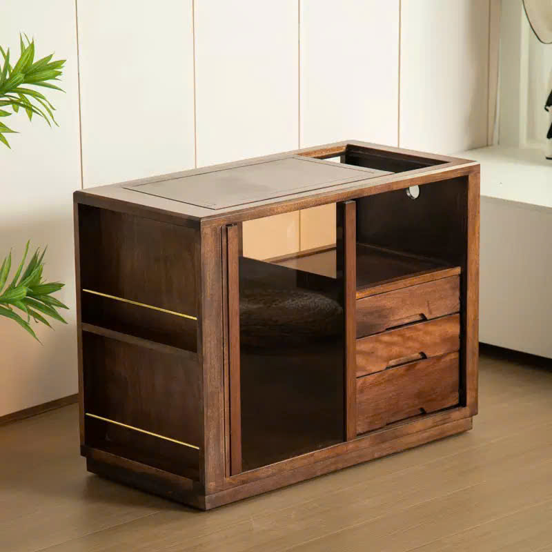 Bàn Trà Di Động Màu Gỗ Óc Chó Cửa Tủ Kính Mặt Đá 95x46x71.5 BT33