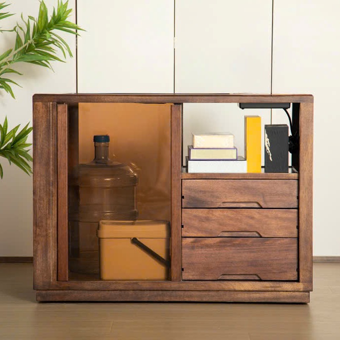 Bàn Trà Di Động Màu Gỗ Óc Chó Cửa Tủ Kính Mặt Đá 95x46x71.5 BT33 - Ảnh 2