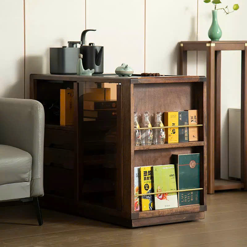 Bàn Trà Di Động Màu Gỗ Óc Chó Cửa Tủ Kính Mặt Đá 95x46x71.5 BT33 - Ảnh 3