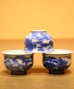 Chén Sứ Cảnh Đức Xanh Vẽ Tay Sơn Thuỷ Miệng Loe 70ml CS63-2