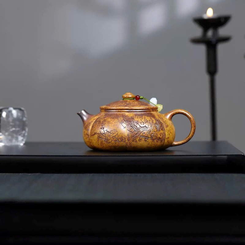 Ấm Tử Sa Dáng Quả Bí Đoàn Nê Hoả Biến Khắc Mai 270ml ATSM22