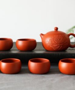 Bộ Ấm Trà Tử Sa Chu Nê Đất Cũ Tây Thi Khắc Hoa Mẫu Đơn 200ml 6 Chén AT210