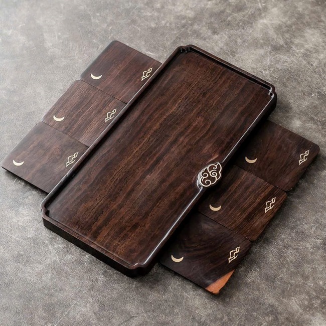 Khay Trà Gỗ Óc Chó Chữ Nhật Có Đế Lót Chén Đi Kèm KTG26