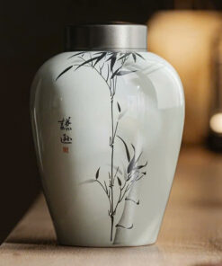 Hũ Đưng Trà Sứ Cảnh Đức 2 Nắp Khắc Trúc Dáng Cao 1000ml HT100 