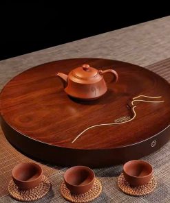 Khay Trà Gỗ Hương Nguyên Khối Tròn Hoạ Tiết Núi 36*36*5cm KTG51