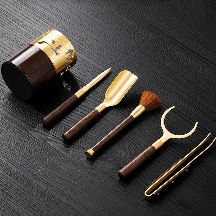 Dụng Cụ Pha Trà Gỗ Gụ Vân Mix Đồng KH39 - Ảnh 3