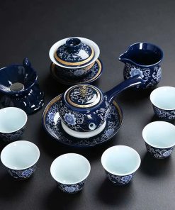 Bộ Ấm Trà Sứ Men Lam Hoa Tiết Hoa Mẫu Đơn Cuốn Thảo AT111